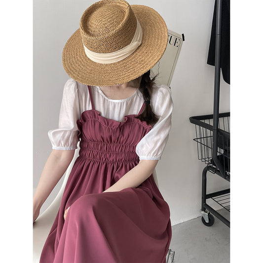 2025 [60% off for summer clearance] Spring solid color dress women's  retro medium and long round neck fake two pieces, thin A word