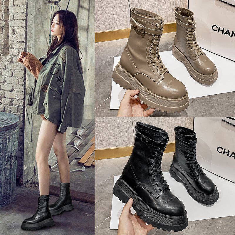 2025  Big head Martin boots women's popular Paris new retro platform heightening medium boots double zipper locomotive short boots women's tide