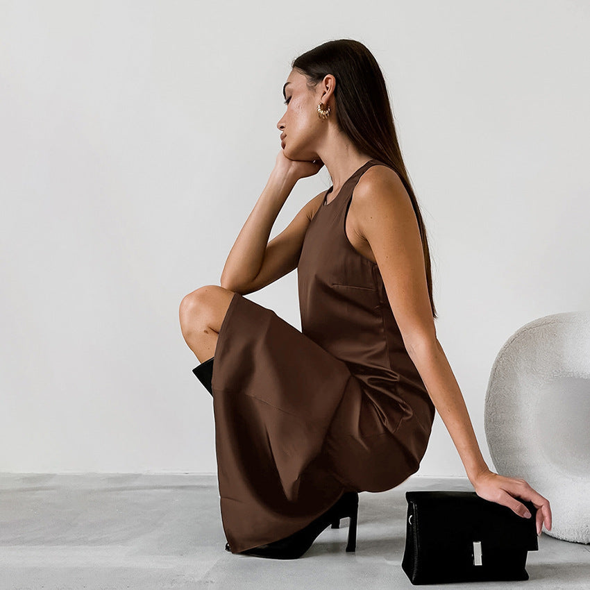 2025 Summer retro classic matte satin slim-fit round neck sleeveless straight skirt versatile Russian casual dress women