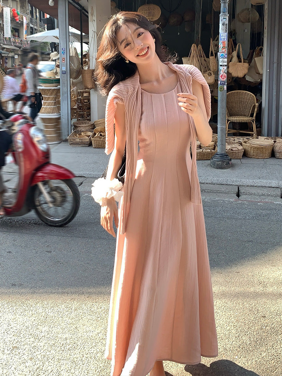 2025 spring new Korean version high waist elegant suspender dress round neck solid color pure desire skirt 88232