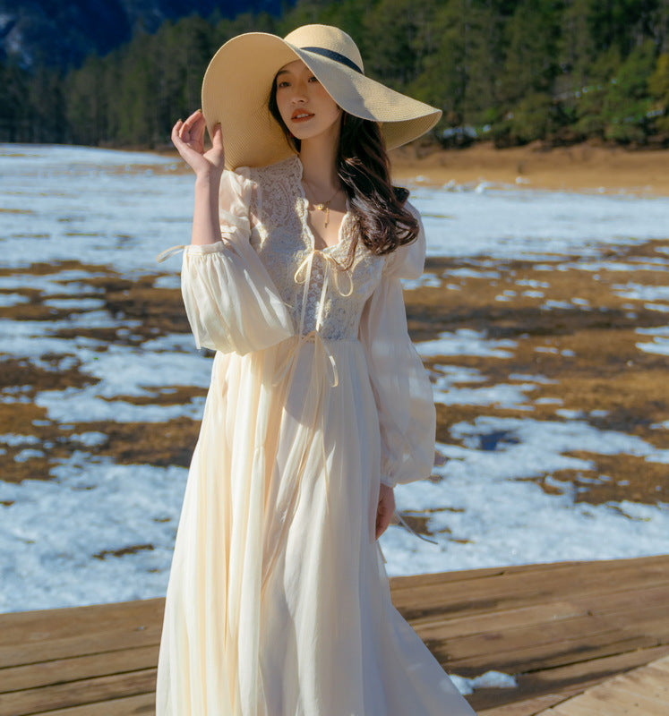 2025 Super fairy retro lace cardigan fairy trailing dress skirt morning robe single-piece skirt long high-end vacation skirt summer