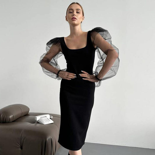 2025 Sexy splicing wind mesh milk silk bubble sleeves slim hip dress popular  spring new women's clothing