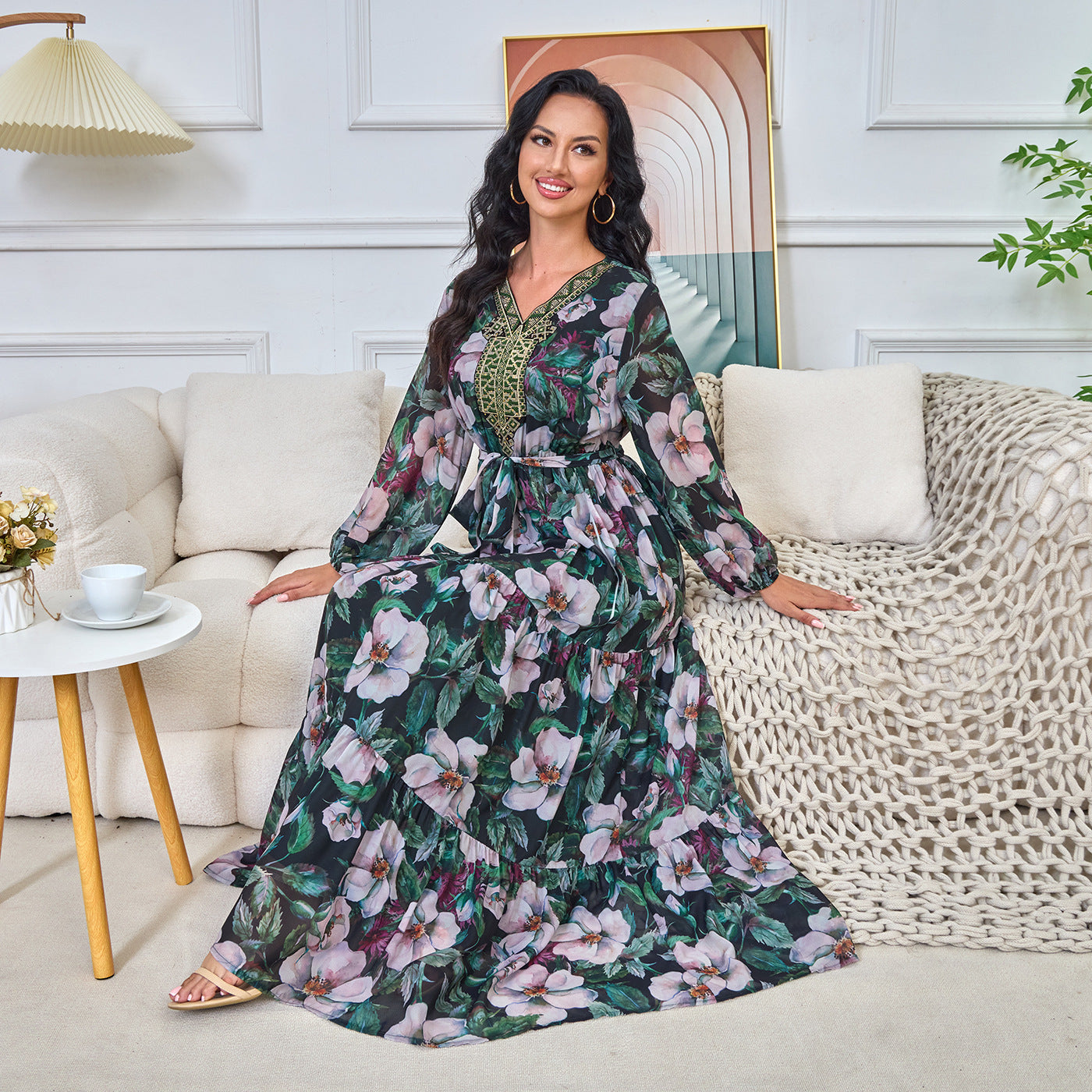 MT202 Middle East summer new Muslim women's clothing printing elegant fashion loose waist big swing dress ins