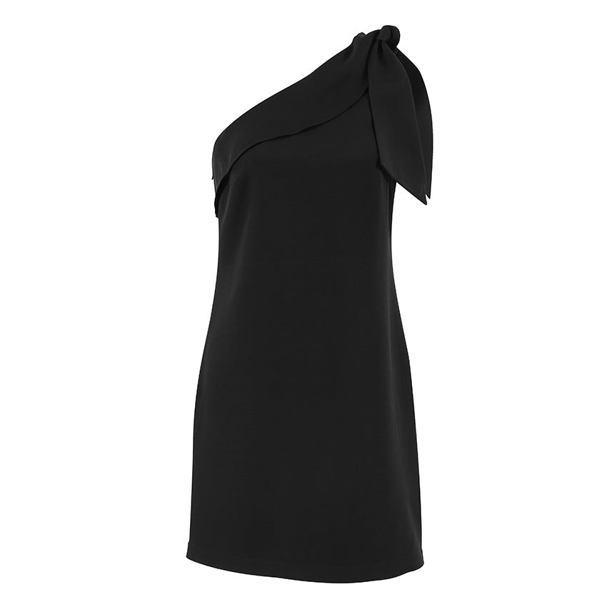 2025 Summer design sense irregular collar black shoulder sexy straight dress  versatile fashion short skirt women's clothing