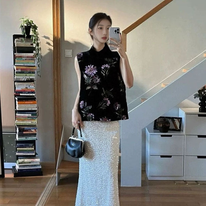 Early spring new expensive new Chinese style retro heavy industry sequins purple gold flower temperament versatile vest female N1014