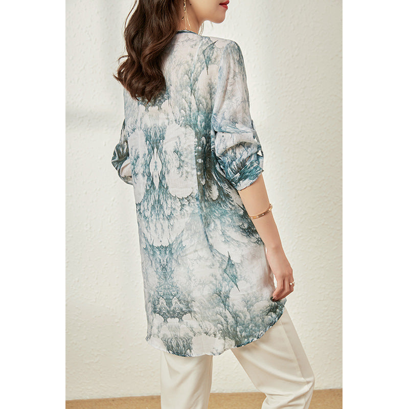 2025 Pure hemp shirt Mori-printed new Chinese style loose version cardigan temperament shirt top  summer women's clothing