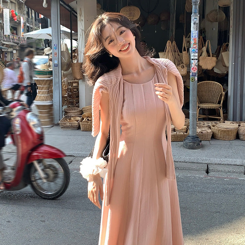 2025 spring new Korean version high waist elegant suspender dress round neck solid color pure desire skirt 88232