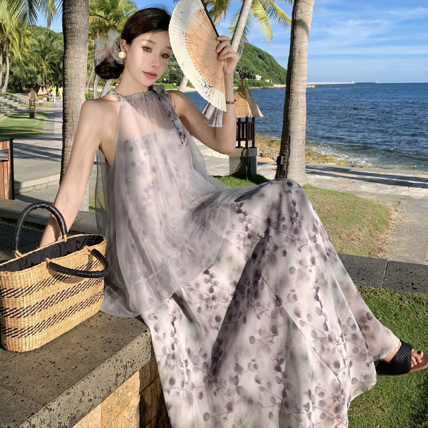 2025 Sanya travel wear beach skirt women's summer new Chinese holiday style fake two-piece printed loose neck dress