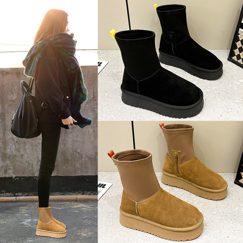 2025  popular new platform leather snow boots women's elastic pencil boots winter women's fashion student shoes trendy women