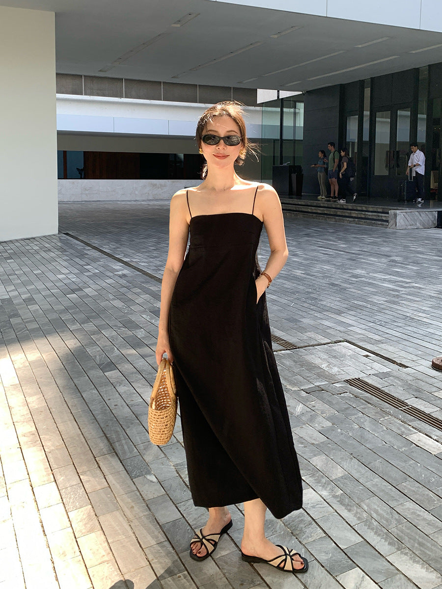 2025 spring new Korean version high waist elegant cotton and linen suspender dress solid color pure desire skirt 88229