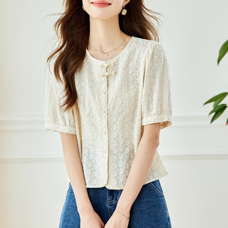 Cotton cocoon, new Chinese style craft embroidered button-up shirt women's commuter short thin and sweet top