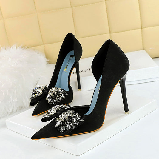 2025 6168-H3  high heels, thin heel, shallow mouth, pointed side hollow cloth surface, super high heel rhinestone bow shoes