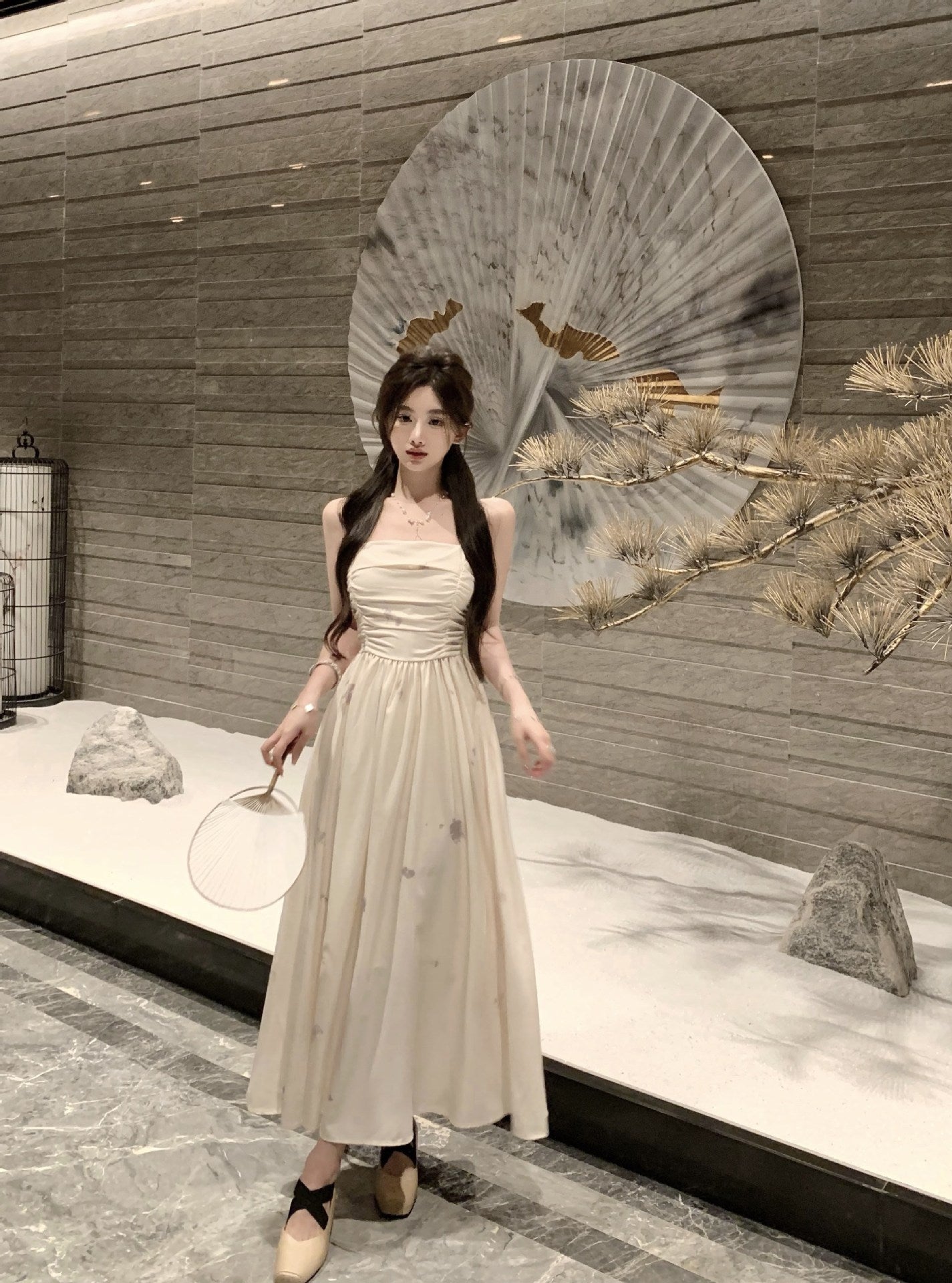 2025 Summer  coffee break tube top, ink suspender dress, women's gentle wind, retro temperament, high-end long skirt