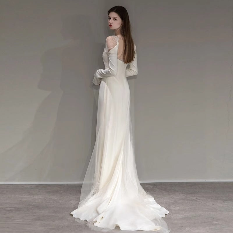 2025 light wedding dress Mori simple going out yarn temperament thin celebrity long dress fish tail waist satin trailing dress