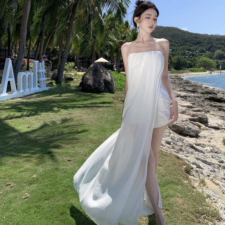 2025 Sanya seaside new design holiday style chiffon jumpsuit skirt women's summer tube top one-word collar sleeveless dress