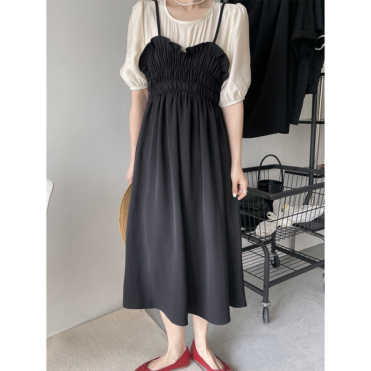 2025 [60% off for summer clearance] Spring solid color dress women's  retro medium and long round neck fake two pieces, thin A word