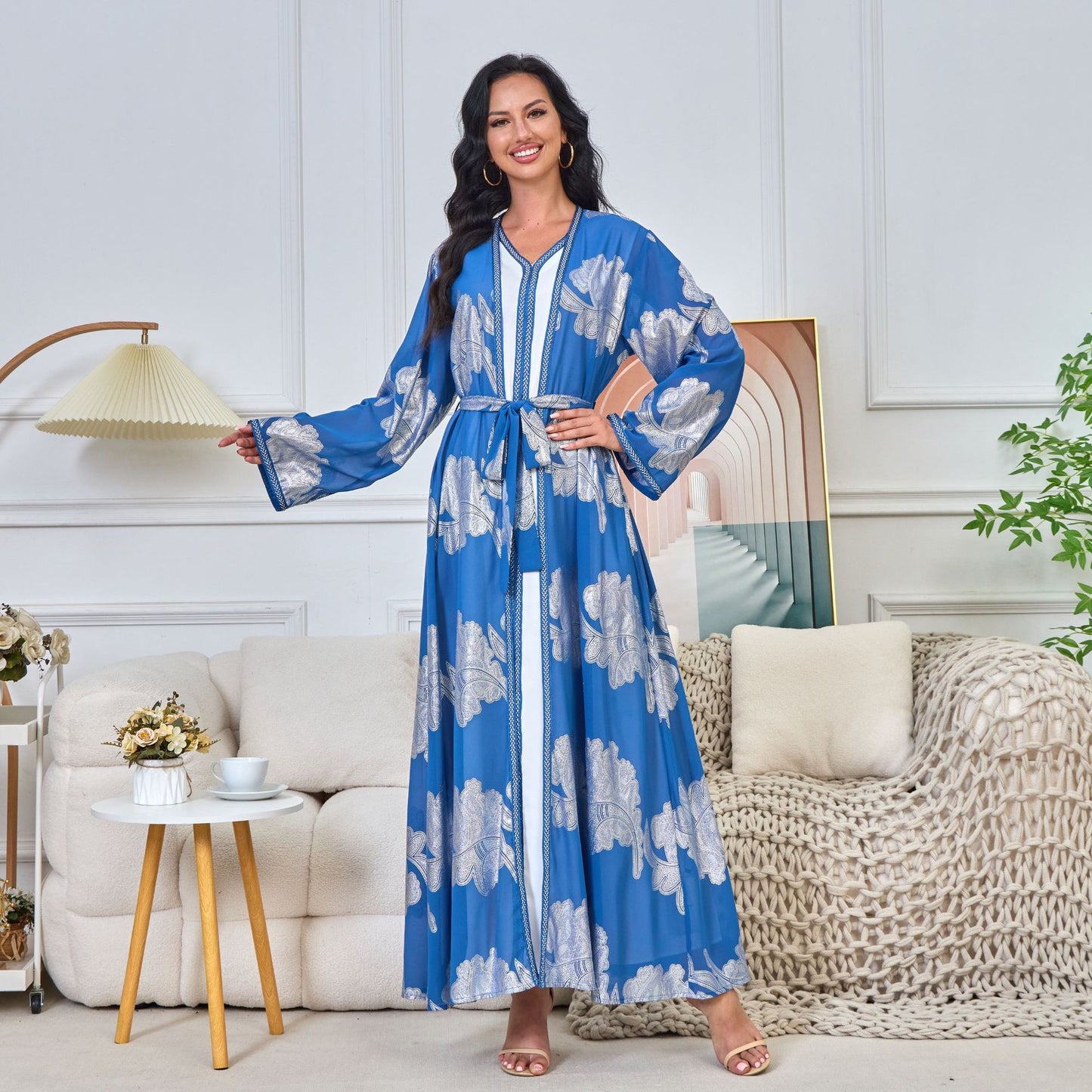 MT173 Middle East Arabian clothing abaya women's clothing V-neck long-sleeved  Popular trade two-piece set bronzing dress