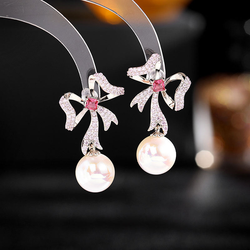 2025 South Korea Dongdaemun new earrings Internet celebrity temperament versatile earrings s925 silver needle streamer bow pearl earrings