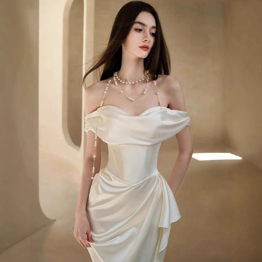 2025 New  light wedding dress bride simple one-word shoulder white high-end slim fish tail satin dress skirt small trailing