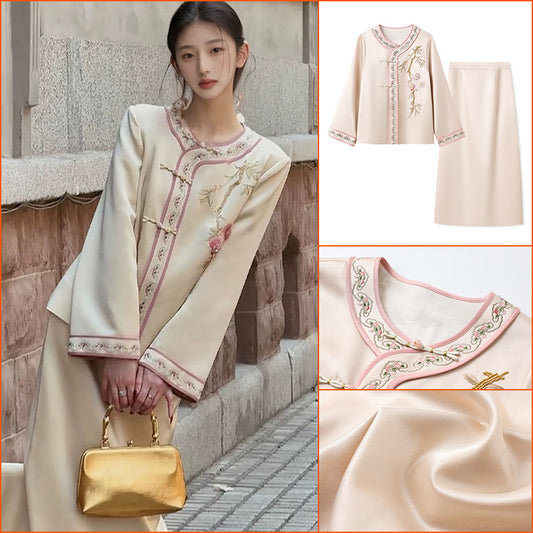 New Chinese style exquisite buckle heavy industry embroidery design sense acetic acid straight skirt jacket set female N1010
