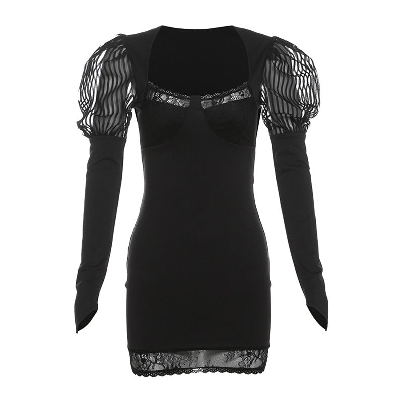 2025 style popular autumn new women's clothing elegant fashion lace hollow design black tight dress