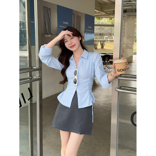 Hong Kong Style Walk 2025 Spring New Korean Temperament Lapel Waist Shirt High Waist Short Skirt Set