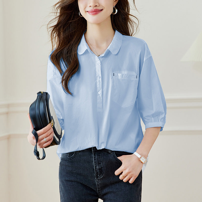 Cotton cocoon, Hong Kong style retro shirt women's  summer new solid color design sense niche temperament versatile basic model