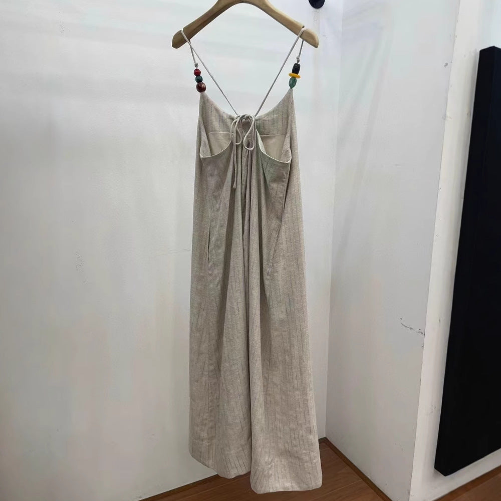 summer vacation style linen retro neck dress, high-end  style elegant skirt