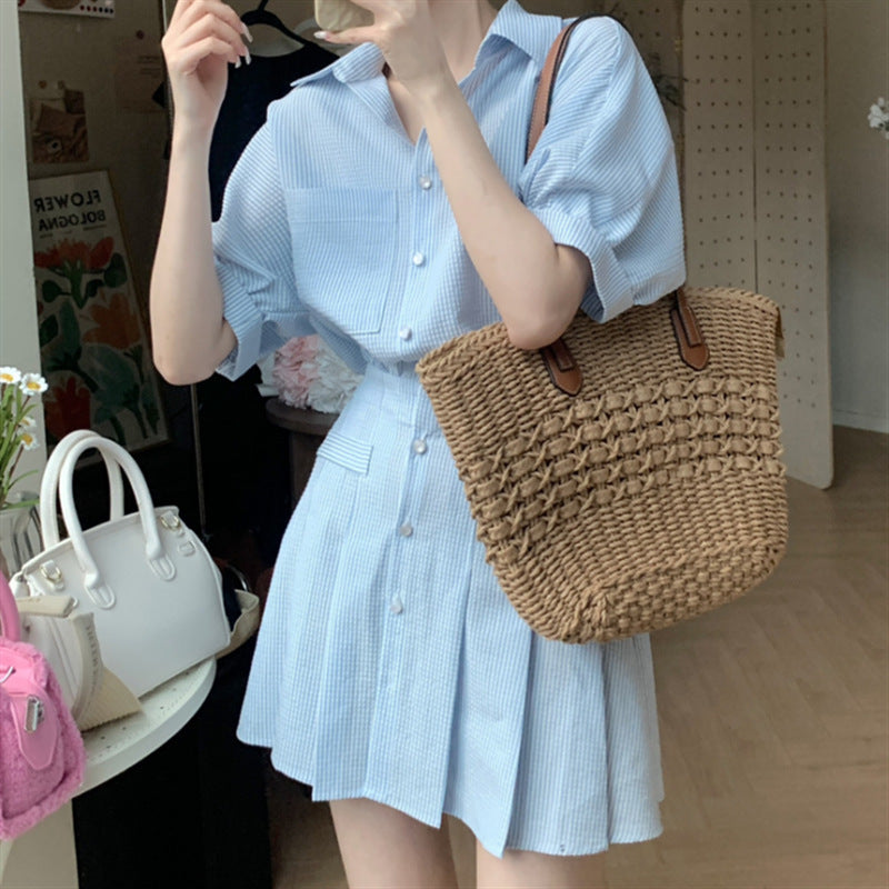2025 Spring Age Reduction Fashion Polo Neck Striped Shirt Dress Women's Skinny Coffee Break  Pleated Dress