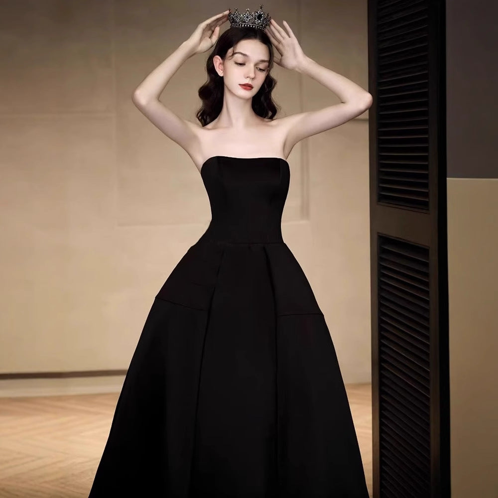 2025 Black tube top evening dress women's  new high-end light luxury niche high-end banquet host temperament dress