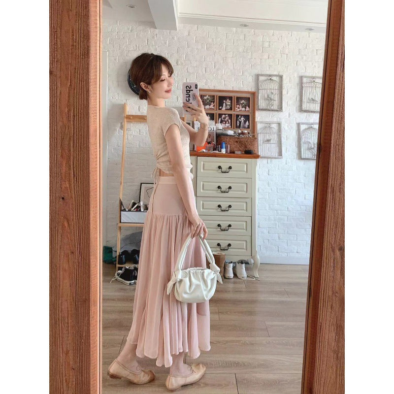 New pink high-waisted word fairy skirt girl 2025 small gentle and thin fishtail skirt long two-piece set