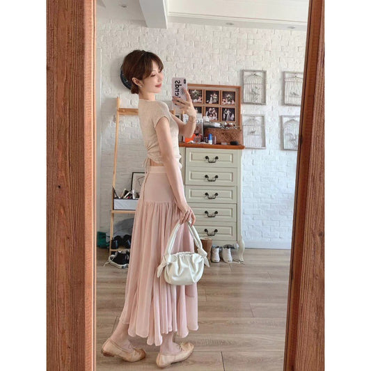 New pink high-waisted word fairy skirt girl 2025 small gentle and thin fishtail skirt long two-piece set