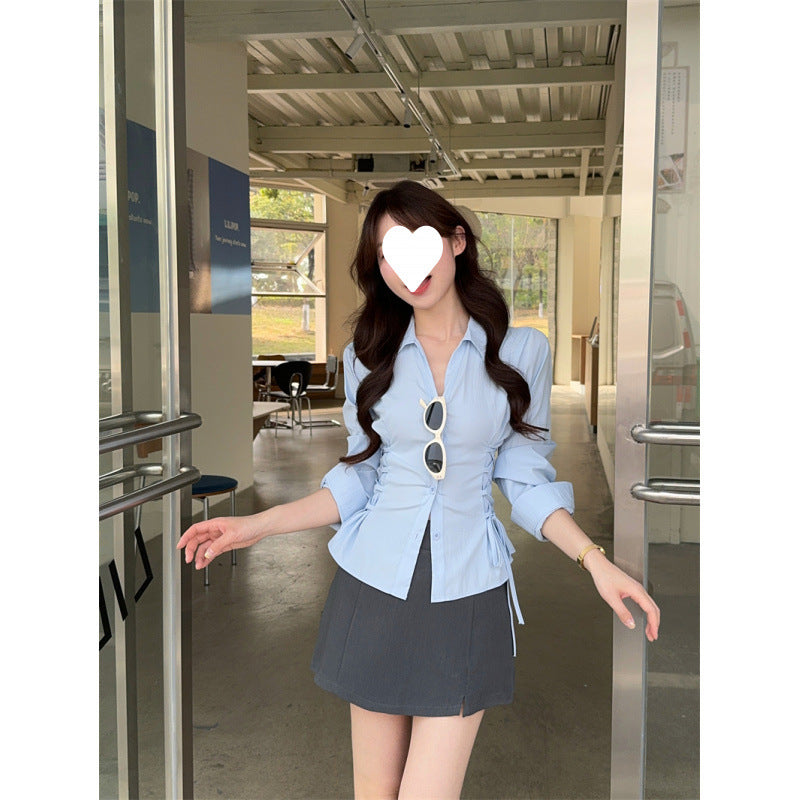 Hong Kong Style Walk 2025 Spring New Korean Temperament Lapel Waist Shirt High Waist Short Skirt Set
