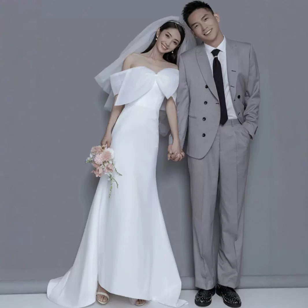 2025 light wedding dress bow shoulder high-end dress simple travel photography super fairy fish tail Korean welcome door dress