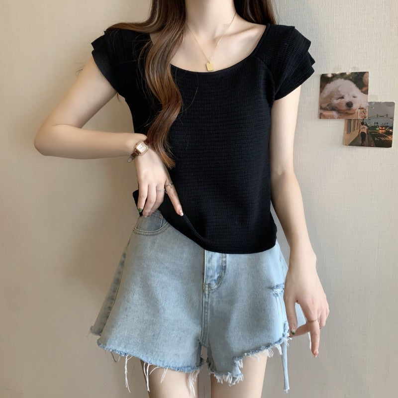 2025 Large size women's clothing new design sense sweet and spicy dew collarbone flying sleeves short sleeves ice silk knitted sweater top women's clothing