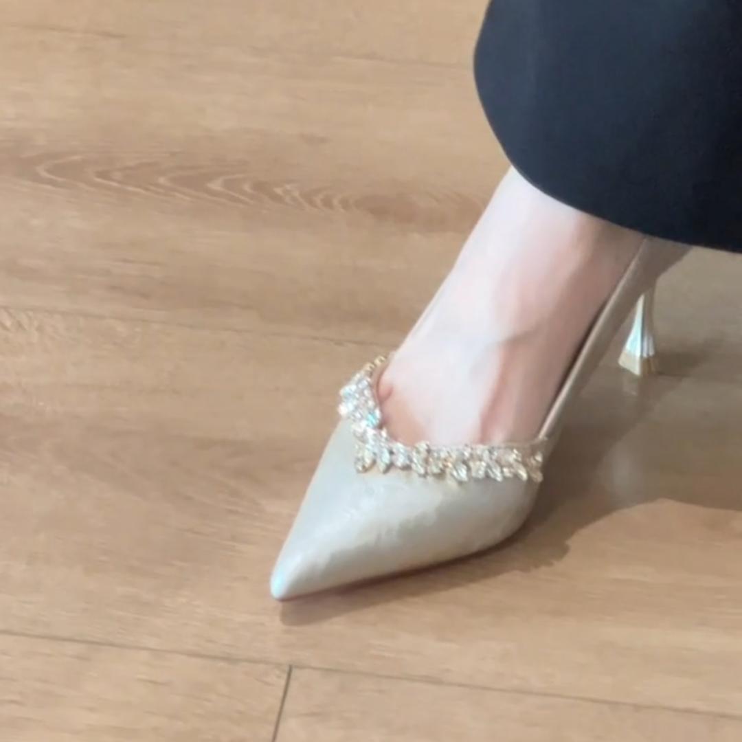 2025 New beautiful champagne high heels wedding shoes two wear women's rhinestone pointed celebrity style stiletto shoes