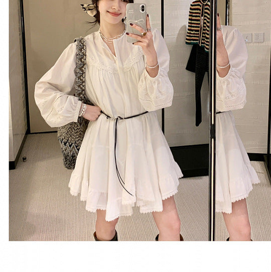 2025 Spring Clothing New Lyocell Tencel Cotton Lace Splicing Dress Women's Crew Neck Small White Dress Women's Clothing