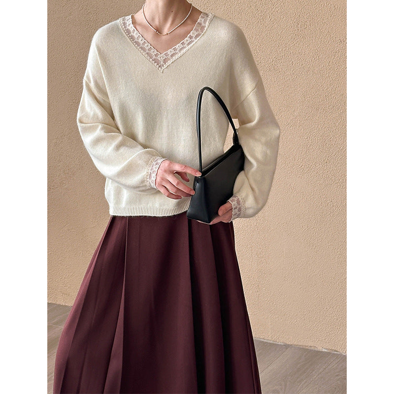 2025 popular autumn and winter top Korean version lace V-neck lace slim soft waxy Ankola red sweater 8819-3