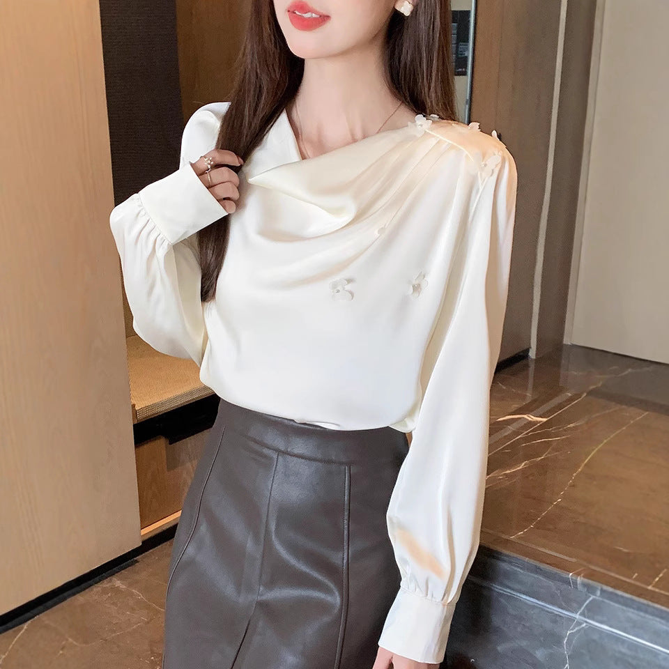 Pleated swinging collar shirt women's 2025 spring and autumn clothing new Korean version temperament beaded long-sleeved casual bottoming top shirt