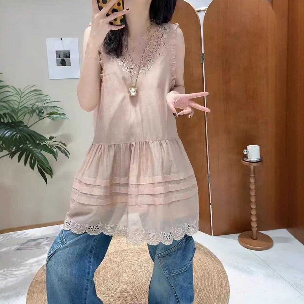Designer  spring and summer new V-neck lace hollow horizontal strip suspender dress sleeveless vest skirt
