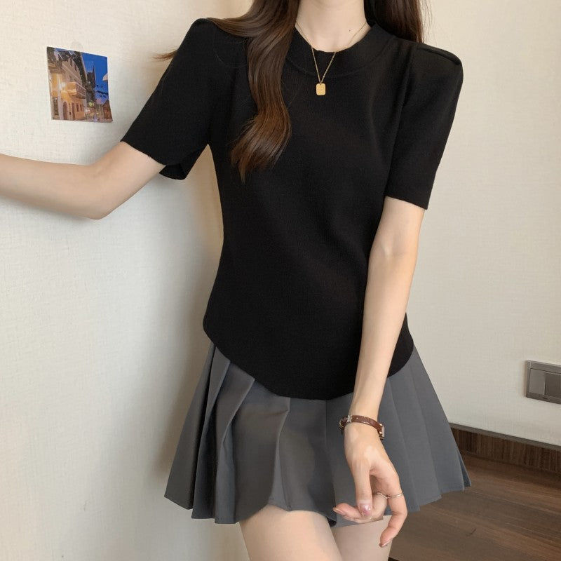 2025 Large size women's clothing Spice Girls short-sleeved short front shoulder knitted sweater women's unique and chic clothes design sense niche