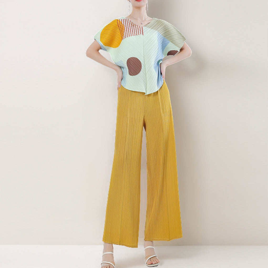 2025 Fashion suit women's high-end summer printing bat sleeve short-sleeved T-shirt casual straight-leg pants two-piece set