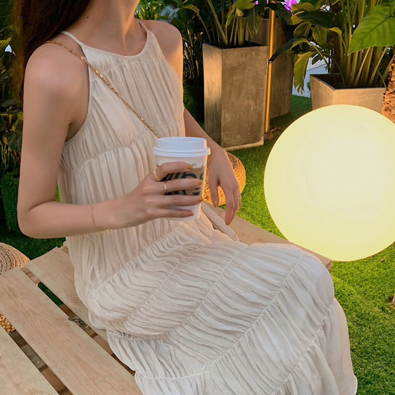 2025 summer new minimalist age-reducing pleated white dress vest  long neck suspender skirt women