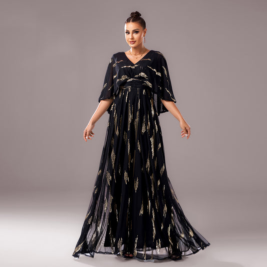 2025 new temperament V-neck medium-sleeved long sequined banquet hip-wrapped evening dress bridesmaid dress women