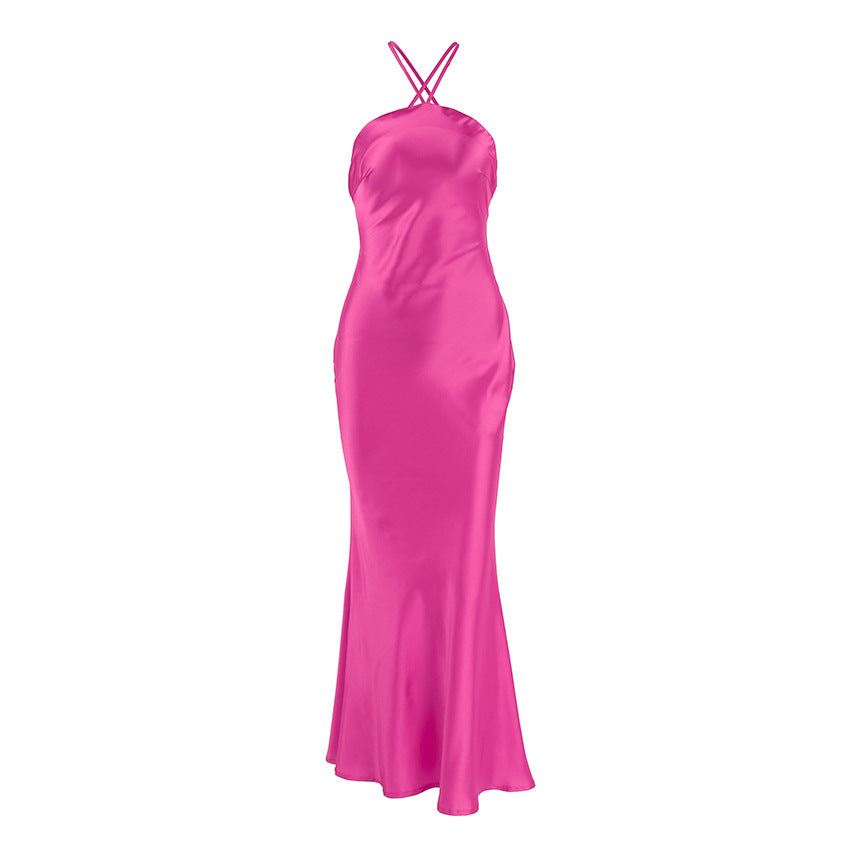 2025 Sexy sleeveless neck high waist satin dress small dress fishtail dress popular  fashion new long dress women