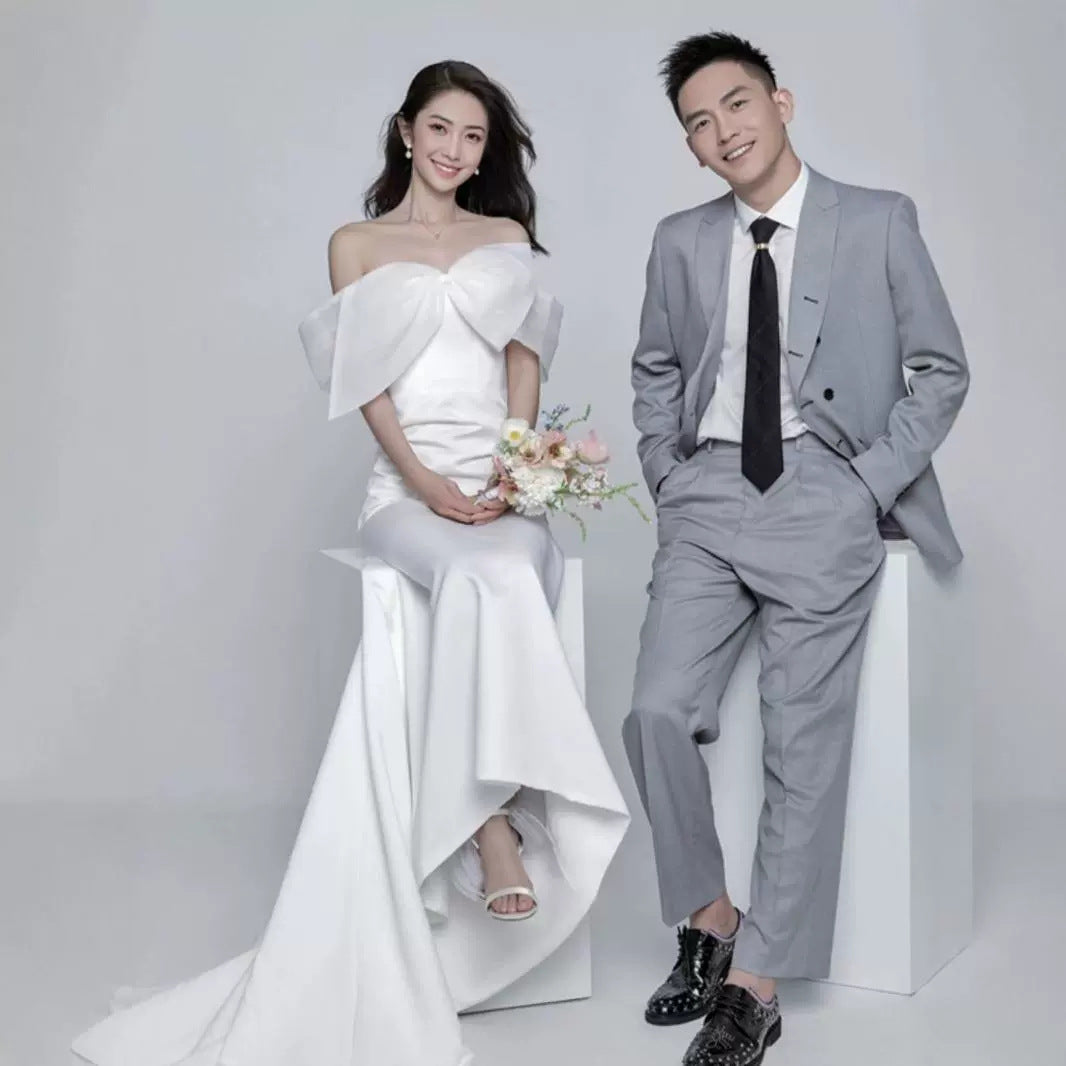 2025 light wedding dress bow shoulder high-end dress simple travel photography super fairy fish tail Korean welcome door dress