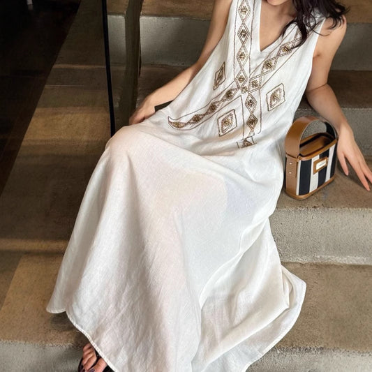 Designer Tencel linen retro national heavy industry special machine bead embroidery dress
