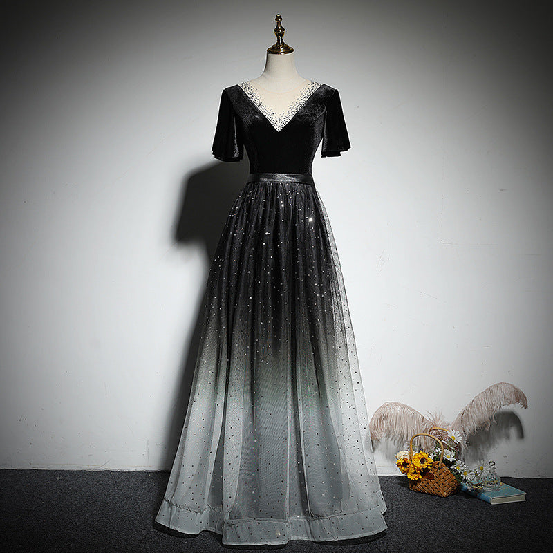 2025 Black evening dress dress female piano dress gradual change starry sky temperament choir conductor performance uniform banquet host