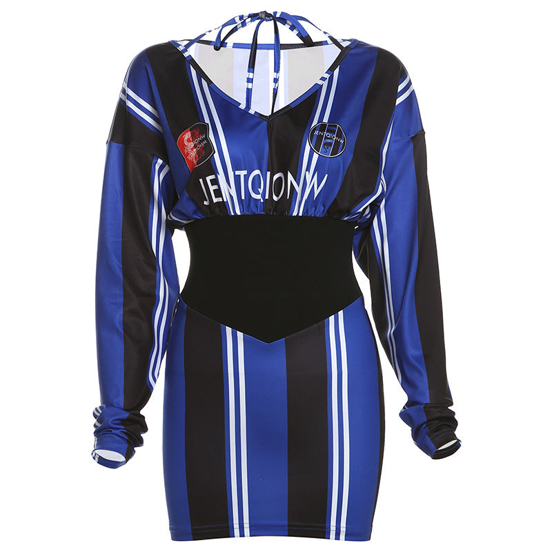 2025 style popular autumn new women's clothing football style waist design showing figure stripe splicing dress
