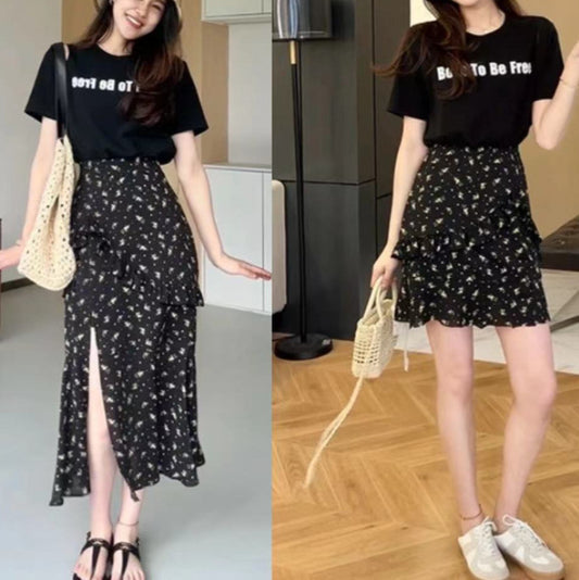 2025 This year's popular temperament summer night flower language dress~ fake two slit and thin waist and shoulder dress